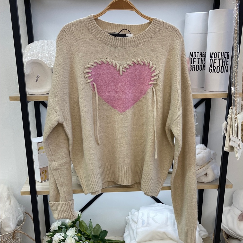 ADORA Beige Knit Sweater with Pink Heart